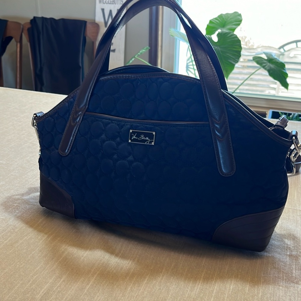 Vera Bradley Navy Blue Quilted Shoulder Handbag w/Brown Trim Strap 11"x14.5"x3"